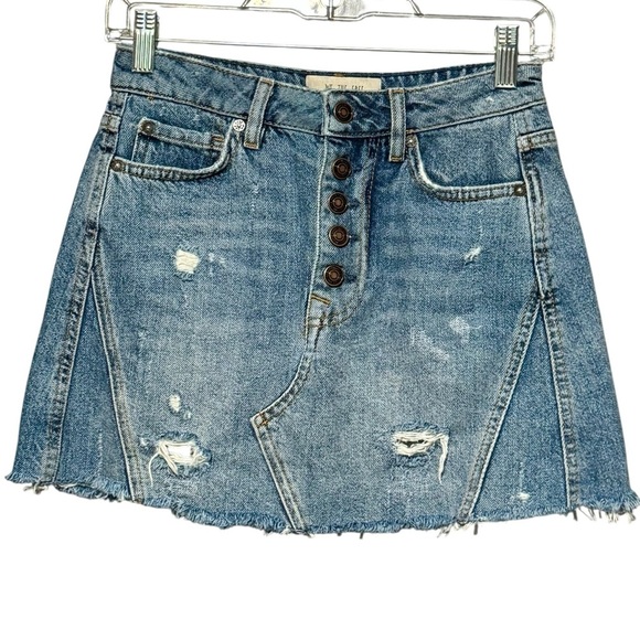 We The Free | Free People Distressed High Rise Raw Hem Button Front Mini Skirt - Picture 2 of 12